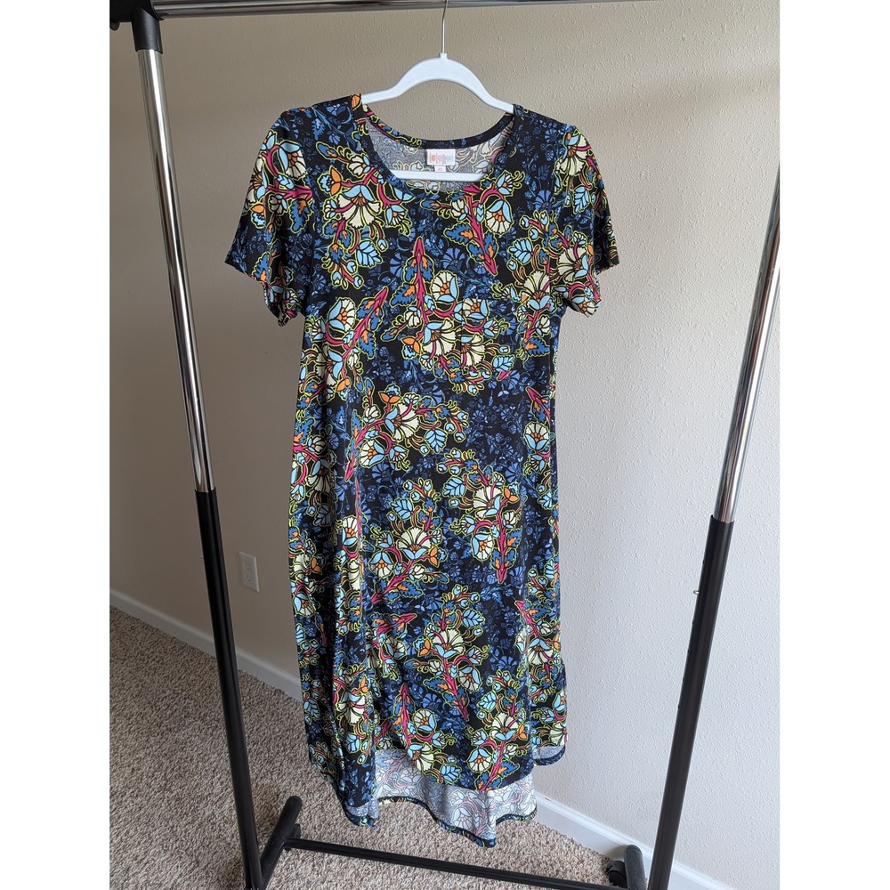 LuLaRoe Carly Dress Womens XS Black Floral Paisley High Low Swing Short Sleeve